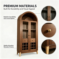 Buffet d'appoint en bois cintrée avec vitrine, portes vitrées, tiroirs et casier à vin pour salon, salle à manger et rangement domestique