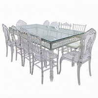 Ensemble de table à manger en verre trempé transparent avec chaises rembourrées, design moderne pour mariage, hôtel, salon extérieur, salle à manger