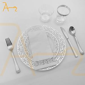 Ensemble de vaisselle en <span class=keywords><strong>plastique</strong></span> de qualité supérieure pour fête, assiettes de mariage fantaisie, élégant <span class=keywords><strong>bleu</strong></span> royal et argent jetables pour dessert salade traiteur - Product Image 3