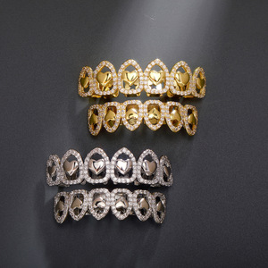 เครื่องประดับฮาโลวีนขายส่ง ชุบทอง เงิน สีเมทัลลิก สไตล์ฮิปฮอป ทองเหลืองและเพชรซิร์คอน ชุดกริลล์รูปหัวใจแบบโปร่ง 6 ชิ้น - Product Image 4