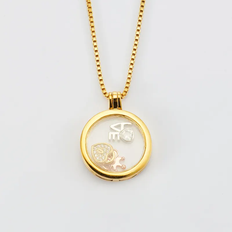 Jewelry Supplier Round Zircon Love Heart Gold Plated Pendant Mothers Day Floating Locket Necklace