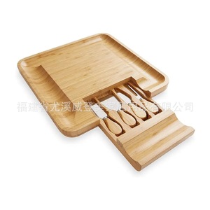 Cross-border bamboo cheese board <b>set</b>, <b>square</b> drawer, cutting board, pizza board with four knives - Product Image 4
