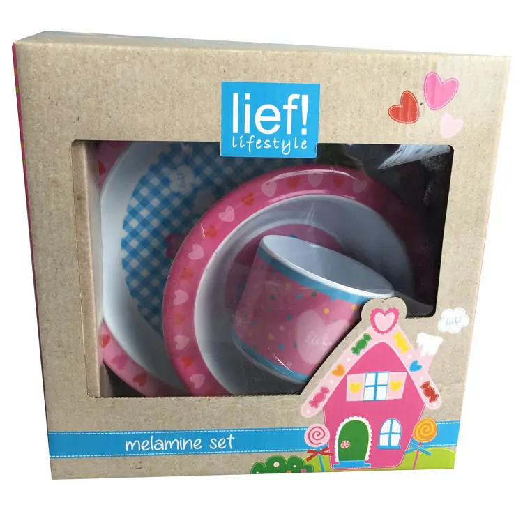 Child safety bamboo fiber picnic pink melamine ware dinner set for kids with plate and bowl