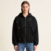 Sweat-shirt à capuche zippé personnalisé OEM pour femme, orné de strass, coupe oversize, veste à capuche scintillante avec diamants, style streetwear Y2K