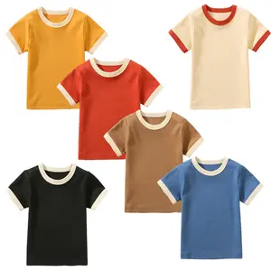 OEM कस्टम लोगो घंटी आइवरी खाली बच्चों के कपड़े टी शर्ट विपरीत रंग कपास बच्चों लड़कों के लिए सादे बच्चों tshirt