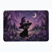 Tapis moderne en velours synthétique, motif chat sorcière d'Halloween en forêt sous la lune avec champignons et fleurs violettes, fabriqué à la machine