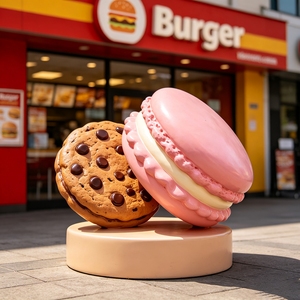 Sculpture <span class=keywords><strong>de</strong></span> décoration extérieure F005FRP : Combinaison <span class=keywords><strong>Chocolat</strong></span> et Macaron Rose – Statue personnalisée pour présentation alimentaire en plein air - Product Image 1