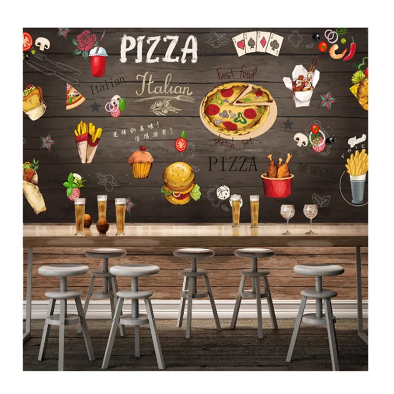 Komnni tùy chỉnh bánh pizza bánh mì kẹp thịt nhà hàng nền đen tường bức tranh tường hình nền 3D snack bar Hamburger Tây thức ăn nhanh tường Giấy