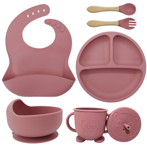 Vaisselle en silicone pour enfants, ensemble de 6 pièces avec bavoir, bol, assiette, ventouse, cuillère, fourchette pour bébés de plus de 3 <span class=keywords><strong>mois</strong></span> - Product Image 1