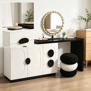Ensemble de coiffeuse moderne avec miroir rond, armoire blanche et tabouret noir, table de maquillage pour chambre à coucher - Product Image 2