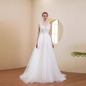 Lace V-Neck A-Line Wedding Dress White Natural Waist Backless Simple Outdoor Lawn Style - Product Image 2