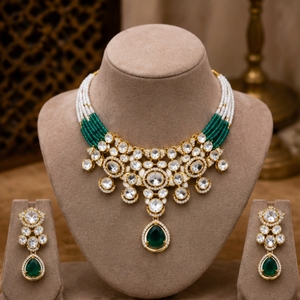 Stylish 925 <b>Silver</b> Necklace and Earrings Set with Green Drops and White Beads Elegant Indian Bridal Party Jewelry - Product Image 3