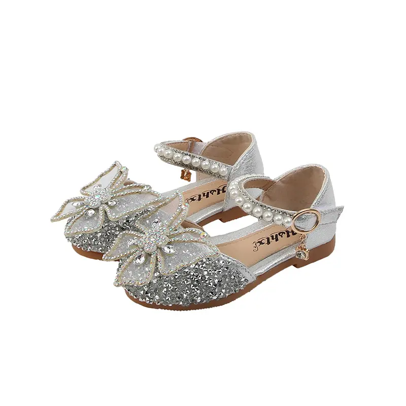 2021 Princess Kids Leather Shoes for Girls Flower Casual Glitter Children High Heel Girls Princess Shoes Knot Sandals