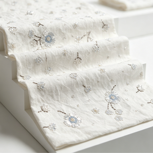Tissu en crêpe bulle 100% viscose rayonne avec broderie florale de paillettes bleu clair et perles bugle argentées pour abayas musulmanes - Product Image 5