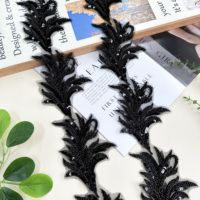 Bordure en dentelle brodée de perles et de sequins, motif floral noir, or et blanc, pour robe Abaya, robe de mariée, décoration de couture DIY