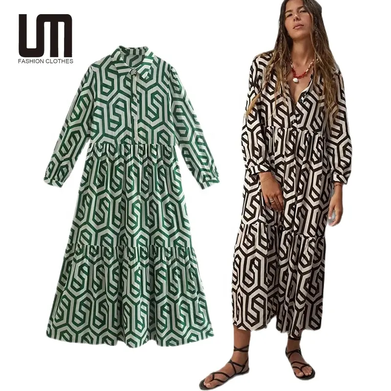 Liu Ming Autumn Vintage Women 2023 New Product Geometric Print Casual Slim Ruffles A Line Midi Shirt Dress