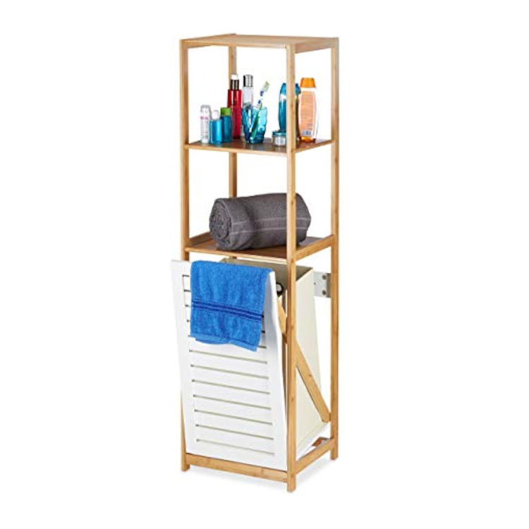 Bamboo Hamper Storage 3 Tier Shelves Household 3 Compartment Essentials With Tilt-out Laundry Basket Standing Slim