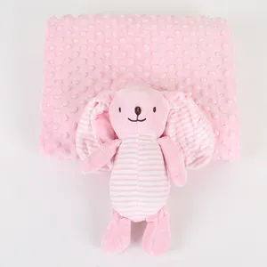Fast shipping newborn gift polka dot soft fabric printed fleece minky baby blanket set with plush toys