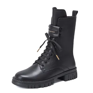 Bottines courtes en cuir avec doublure en fourrure pour femmes, chaussures chaudes, bottes plates à lacets, hauteur de la cheville, collection hiver 2021