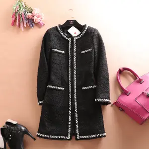 Sang Trọng Áo Tweed Áo Trung Bình Dài Lụa Sáng Móng Tay Đính Cườm Kích Thước Lớn Vòng Cổ Dài Tay Áo Áo Boutique Phụ Nữ Bên Áo