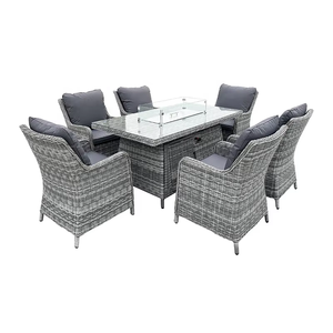 Luxury Modern 6-<strong>Seat</strong> Dining Set Rectangular <strong>Firepit</strong> Table Wicker Rattan Patio Furniture Outdoor Glass-Top Cushion for Gardens - Product Image 1
