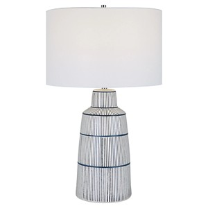 Blue Striped Tiered Ceramic Modern Table <b>Lamp</b> with White Linen Shade | Sleek Artisan Lighting for Hotel Guest Room & Living Area - Product Image 1