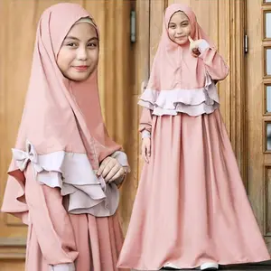 Hot Selling Khimar Set Middle East Telekung Prayer Dress Contrast Color Islamic Dresses Kids Abayas Girls Muslim Children