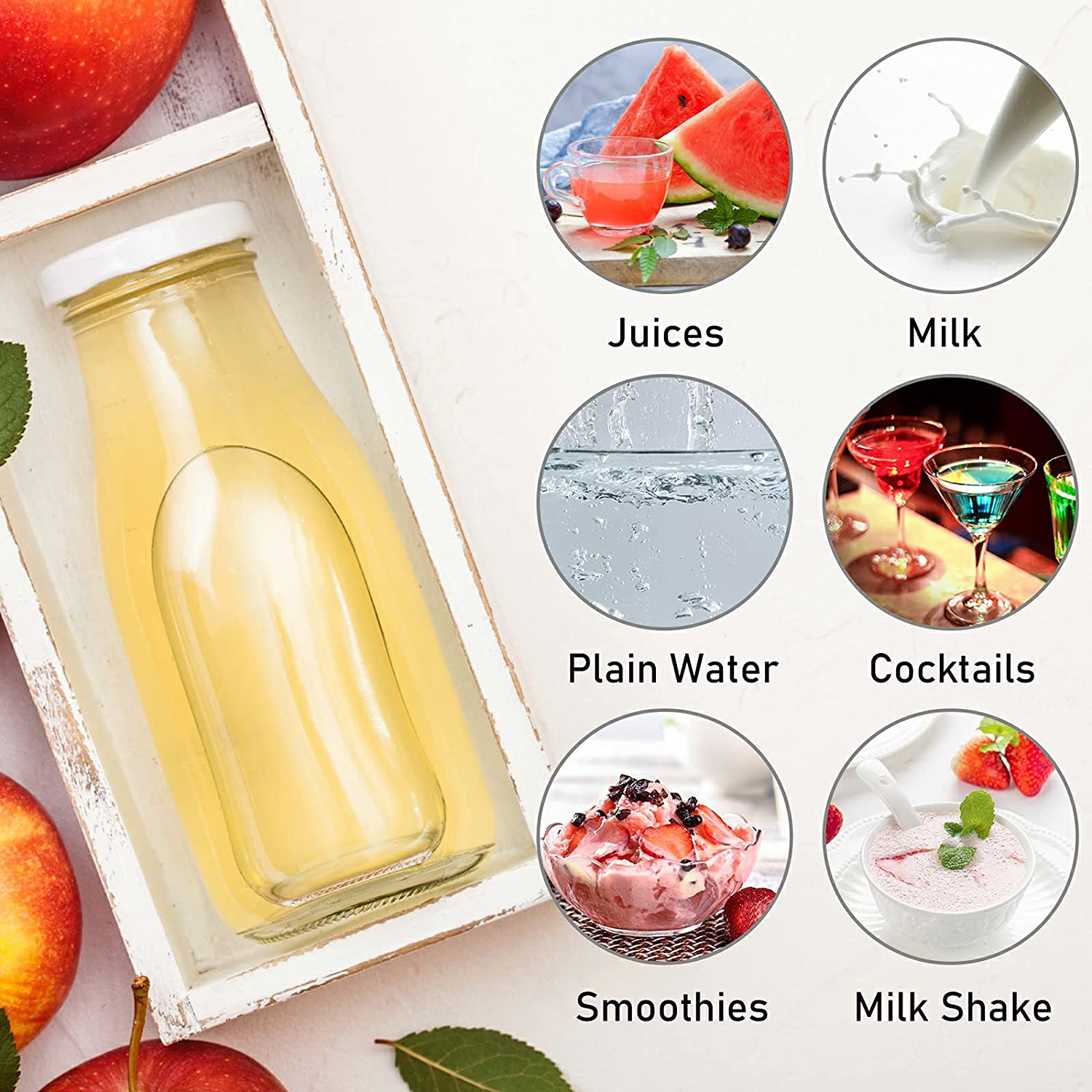 11oz Glass Milk Bottles with Reusable Metal Twist Lids and Straws for Beverage Glassware and Drinkware