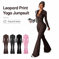 Combinaison de yoga sexy à imprimé léopard pour femme, tenue de fitness ajustée, fermeture éclair intégrale, vêtement de sport une pièce pour l'entraînement et la gym