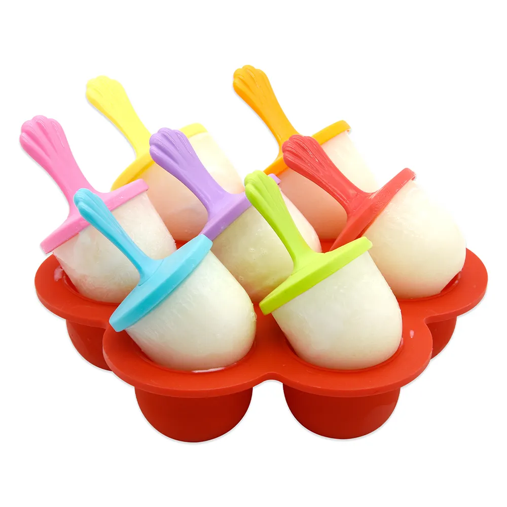 BHD Molde de silicone de qualidade alimentar com 7 cavidades para bebês, mini molde de picolé com bastões de plástico coloridos para crianças, faça você mesmo, moldes de picolé