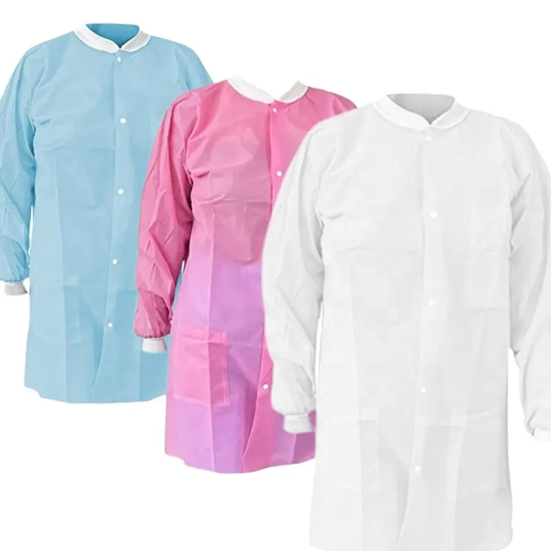 ホワイトコート使い捨て不織布SMMSPP素材ホワイト/ブルー/エプロン白衣クリーニングジャケットボタンタイプ