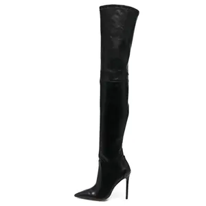 Sobre la rodilla negro Stiletto lápiz tacón calcetín travesti tacón alto mujeres estiramiento muslo botas altas 2023