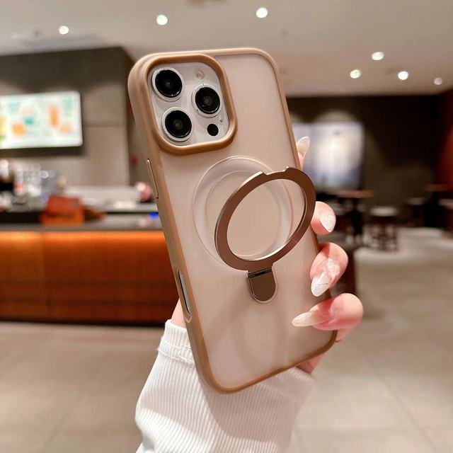 New Circular Metal Folding Kickstand Magnetic Matte Phone case for iPhone 16 15 14 13 12 Pro Max with Lens Film Protective Cover
