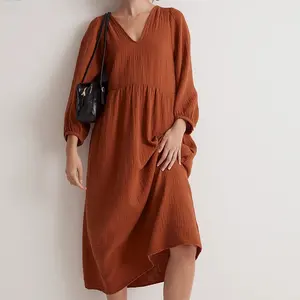 Vestido informal de algodón personalizado escote en forma de V manga larga botón puño Midi vestido para mujer