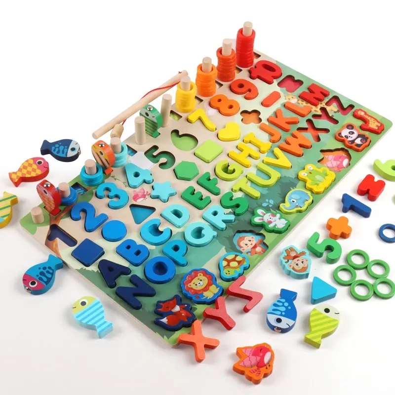 Montessori 6 In 1 bulmaca logaritmik plaka ahşap oyuncak eğitici oyuncaklar öğrenme geometrik şekiller balıkçılık numaraları eşleştirme kurulu