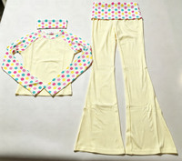 Set Pakaian Olahraga Wanita 3 Potong Motif Polkadot, Atasan Lengan Panjang, Legging Model Flare, Bando Senada, Santai untuk Gym dan Bersantai
