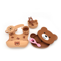 Vente en gros sans BPA dessin animé imprimé ours en peluche bébé formation mangeoire tasse Eco diviseur cuillère vaisselle en silicone alimentation ensemble aspiration