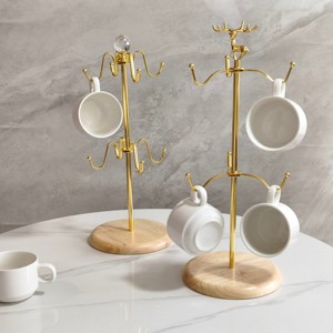 Koffiekophouder met houten basis en metalen haken voor thuis, keuken, bar, opbergruimte en presentatie, capaciteit voor 4 kopjes, modern design - Product Image 1