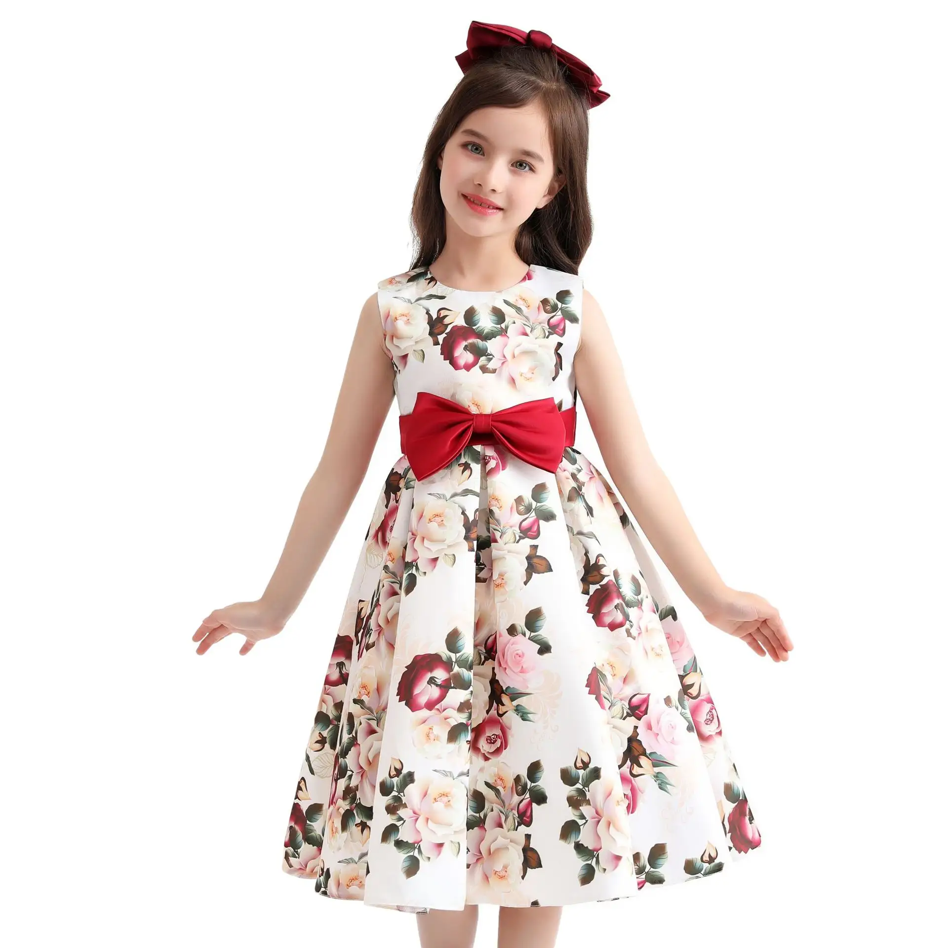 Kız çocuk elbiseleri yaz kolsuz bebek kız giysileri baskılı çiçekler 2-10 Yearss için Ruffles çocuk giyim kız elbise