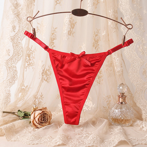 Women Red Satin Thong Panties Cute Bow Adjustable Thin Strap Low Waist T-Back Lingerie Luxury Ice <b>Silk</b> <b>Underwear</b> Wholesale - Product Image 1