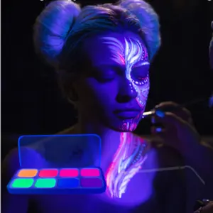 Khy conjunto de maquiagem com uv neon, kit de maquiagem com glitter em gel, brilha no escuro, para cabelo, rosto, unhas