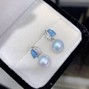 factory wholesale New Blue Enamel Leaf Zircon Pearl <b>Drops</b> 11-11.5mm Near Round Bright Luster Freshwater Pearl <b>Silver</b> <b>Earrings</b> - Product Image 2