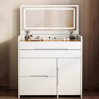Coiffeuse moderne en bois avec miroir lumineux, tabouret et rangement intégré - Écologique