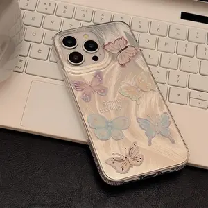 Shell Glitter Coloré Papillon plume texture dames protéger coque de téléphone argent Pour iPhone 14 15 13 12 11 Pro Max