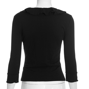 Camiseta Viviblook J26TP308 para Mujer, Top Casual de Otoño, Nuevo Color Sólido, Cuello en V con Volantes, Corte Ajustado, Top Corto para Damas - Product Image 3