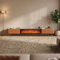 Meuble TV de style luxueux, table basse, armoire décorative haut de gamme en panneaux de bois, flammes 3D, salon, cuir brodé