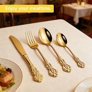 Set di posate di lusso in acciaio inossidabile dorato, lucidato a specchio, coltelli, forchette e cucchiai per matrimoni e hotel, vendita all'ingrosso - Product Image 1