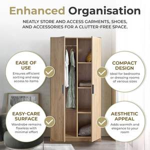 Armoire moderne en bois 2 portes 176X80X52 <span class=keywords><strong>cm</strong></span> avec 1 tringle à vêtements 4 compartiments Aspect chêne - Product Image 5