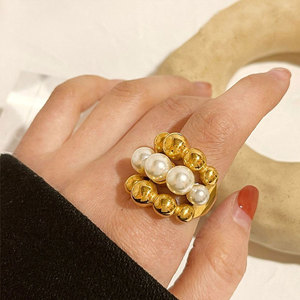 Waterproof Non Tarnish <b>Rings</b> 14k 18k PVD Gold Plated Fashion 316L Stainless Steel Statement Pearl Bead <b>Ring</b> for Women - Product Image 1