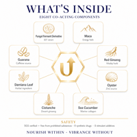 Complément alimentaire liquide avec des extraits de ginseng rouge, de maca, d'huître et de concombre de mer